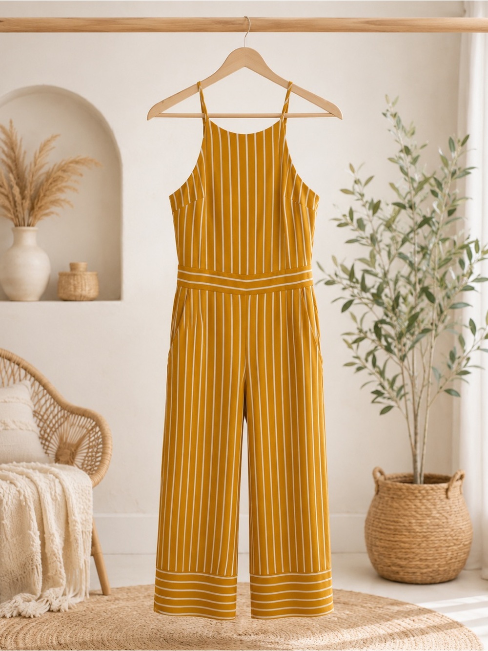 MM Couture Mustard and White Striped Wide-Leg Jumpsuit